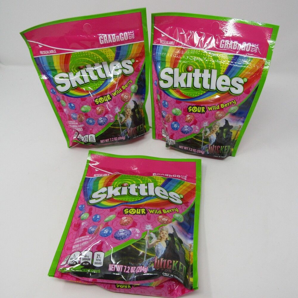 Wicked For Good 3PK Skittles Sour Wild Berry GrabNGo Resealable Candy Bags 7.2oz